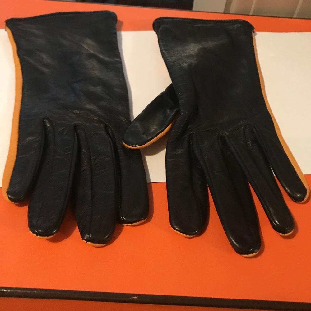 Leather gloves  black and melon color two tone cashmere lined